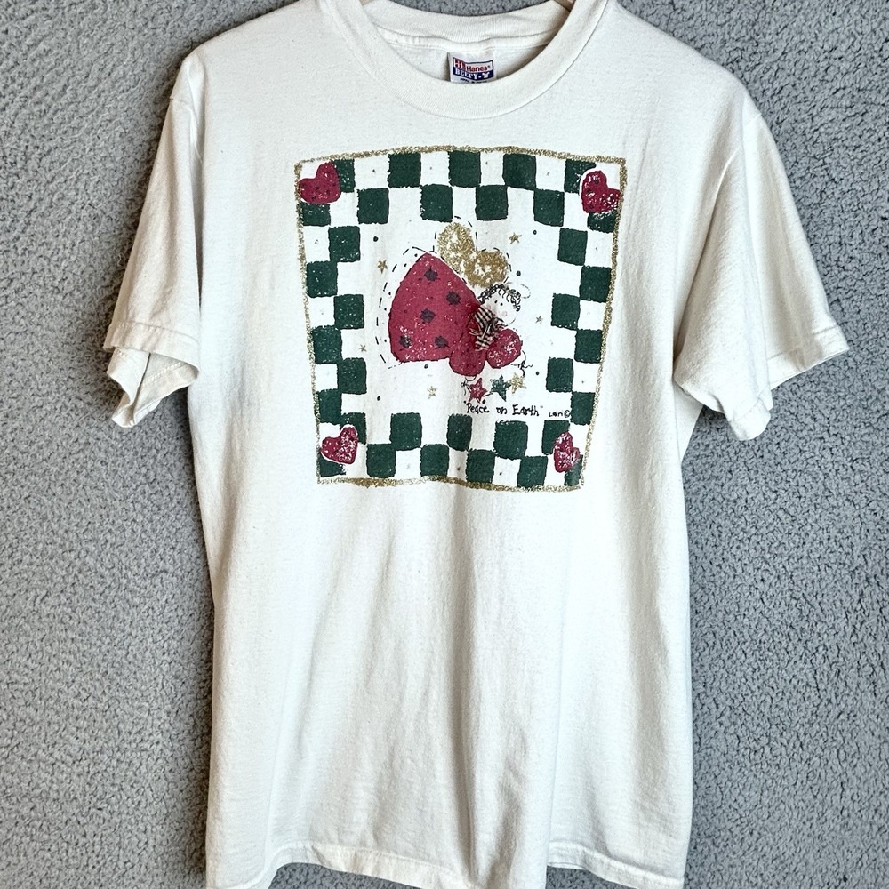 VTG 90s Cottagecore Quilt Farm Graphic T-Shirt Size Medium "Peace On Earth"